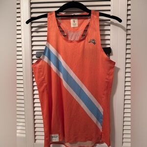 Orange Tracksmith Tank Top with Blue and White Stripes